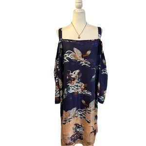 ASOS Crane Bird Print Cold Shoulder Midi Dress Navy Shift Boho Plus Size 20